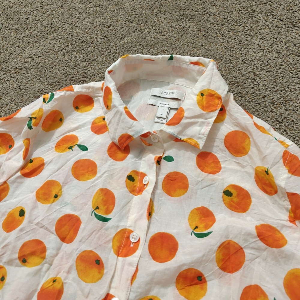 J.Crew Perfect Shirt Womens 4 Orange Fruit Print Cotton Silk Button Up 91819 - Picture 7 of 11